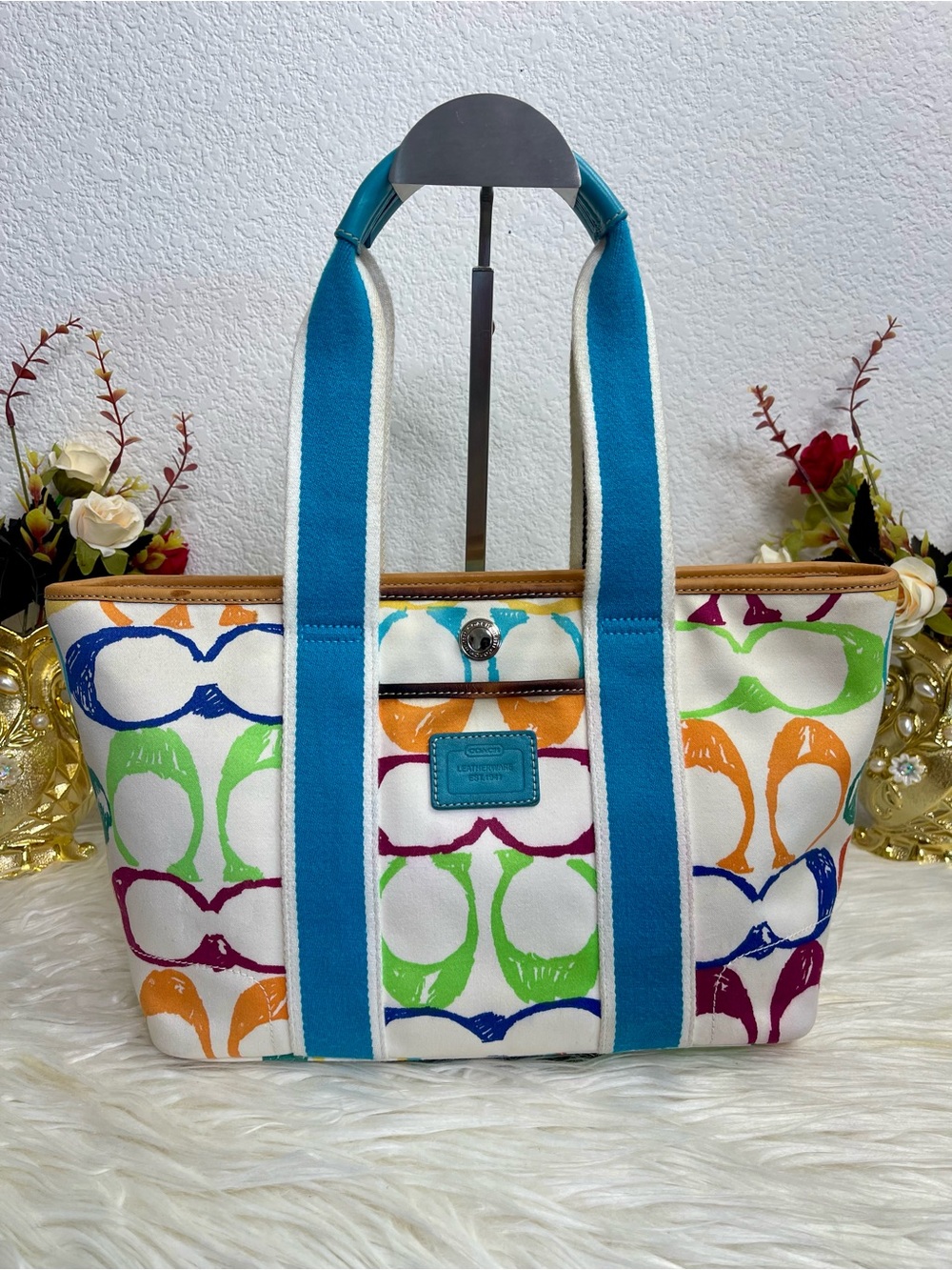 Coach Multicolor Canvas Tote with Teal Straps
